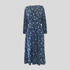 Vintage 1980s Black Blue Rose Floral 3/4 Sleeve Cottage Core Midi Dress M L